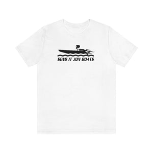 White short sleeve tee with black "SEND IT JON BOATS" graphic featuring a speed boat.