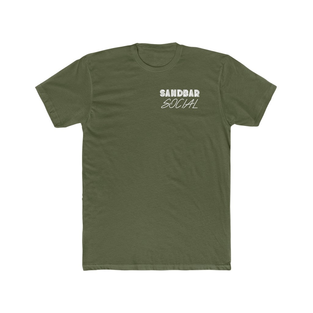 Olive green premium fitted short sleeve t-shirt with "SANDBAR SOCIAL" in white text on the chest.
