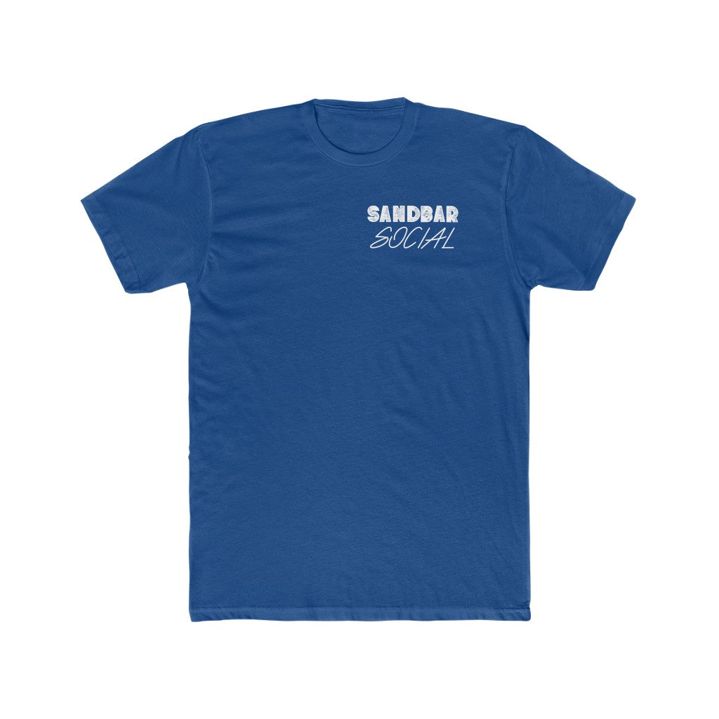 Blue combed ring-spun cotton t-shirt with "SANDBAR SOCIAL" in white text on the chest.