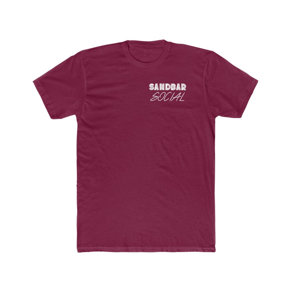 Maroon combed ring-spun cotton t-shirt with "SANDBAR SOCIAL" in white text on the chest.