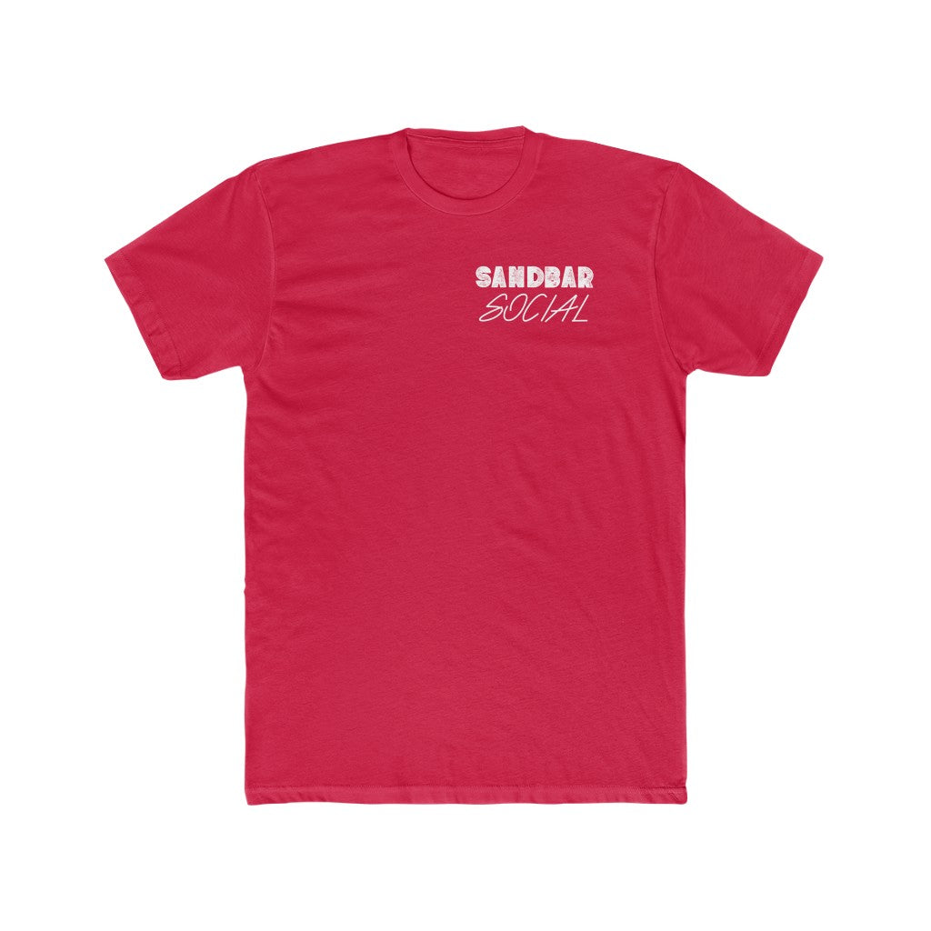 Red premium fitted short sleeve t-shirt with "SANDBAR SOCIAL" in white text on the chest.