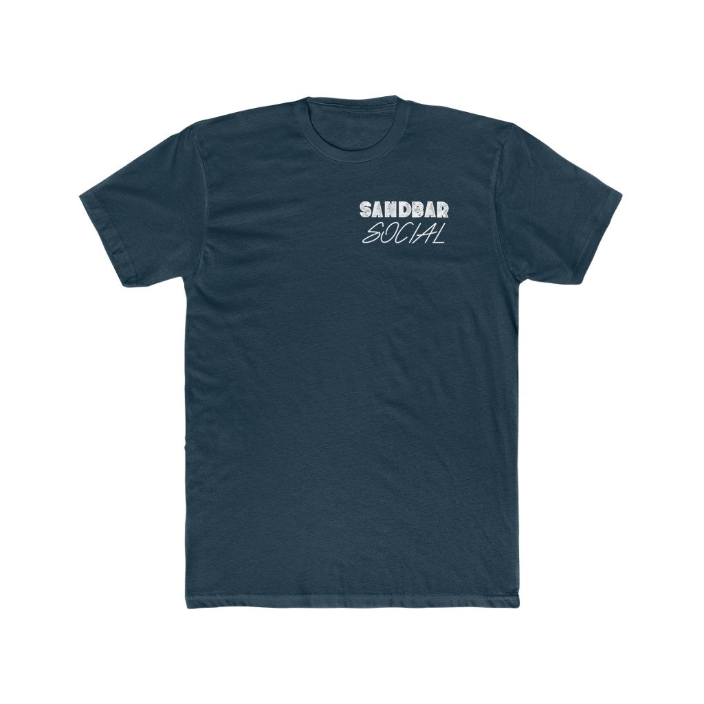 Navy blue premium fit combed ring-spun cotton t-shirt with "SANDBAR SOCIAL" in white text.