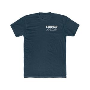 Navy blue premium fit combed ring-spun cotton t-shirt with "SANDBAR SOCIAL" in white text.