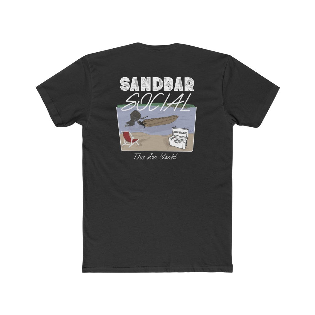 Black premium fit combed cotton t-shirt with "Sandbar Social" graphic featuring a boat, cooler, and beach chair.