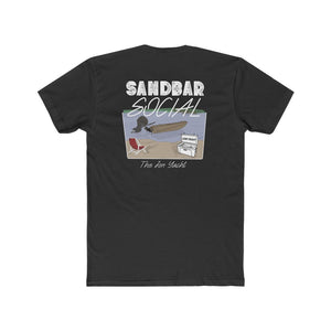 Black premium fit combed cotton t-shirt with "Sandbar Social" graphic featuring a boat, cooler, and beach chair.
