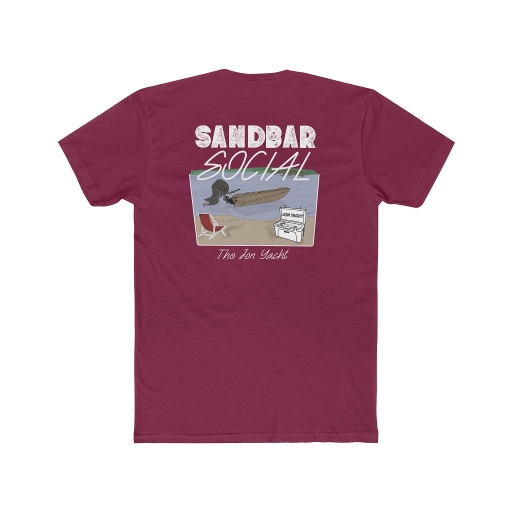 Maroon Sandbar Social t-shirt with a beach scene featuring a boat, chair, and cooler.