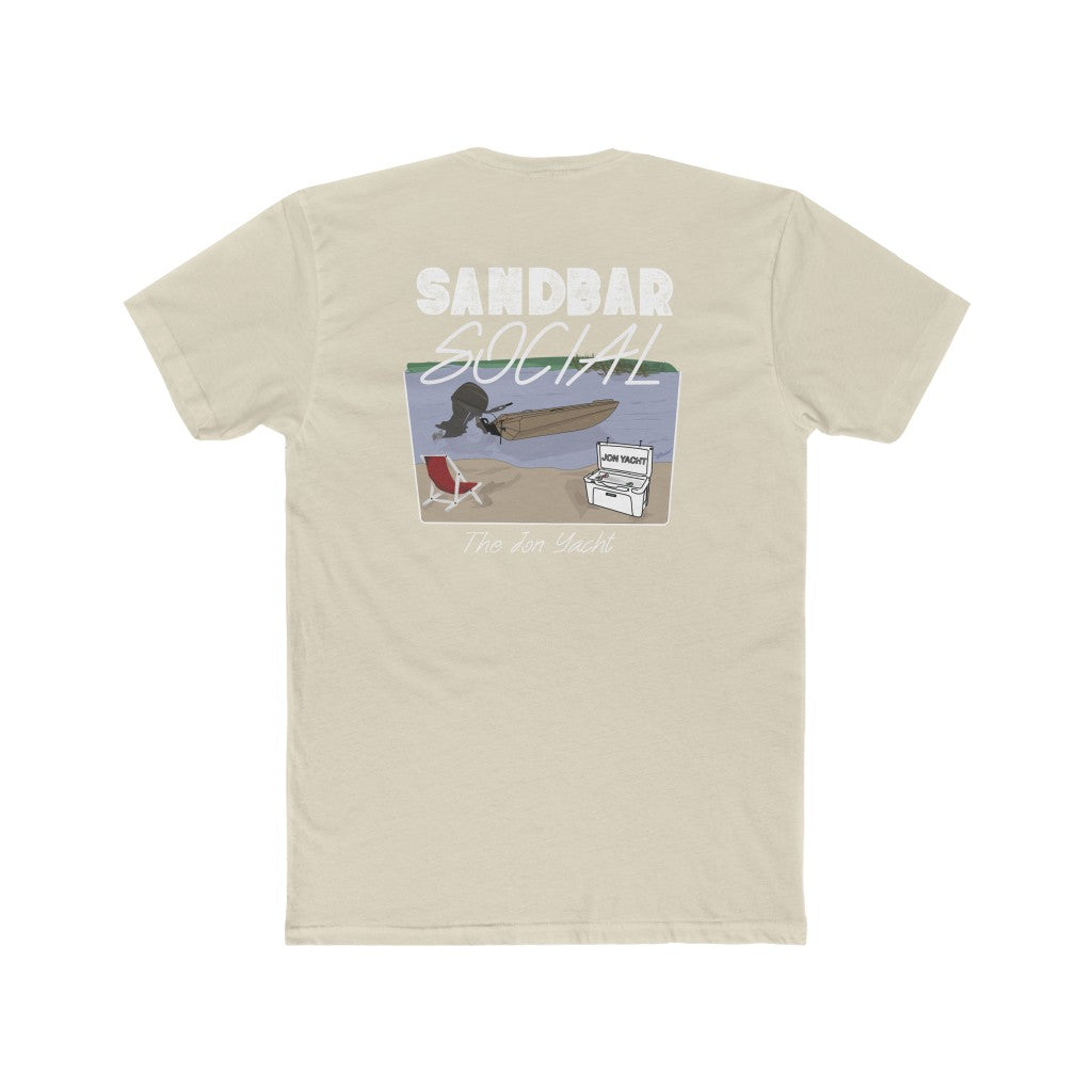 Sandbar Social cream cotton tee with boat, chair, and cooler graphic.