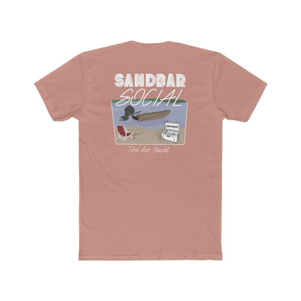 Peach Sandbar Social t-shirt with boat, cooler, and chair graphic; 100% combed ring-spun cotton.