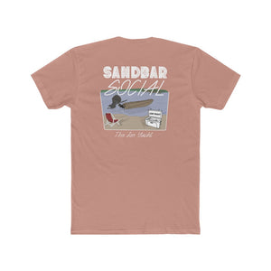 Peach Sandbar Social t-shirt with boat, cooler, and chair graphic; 100% combed ring-spun cotton.