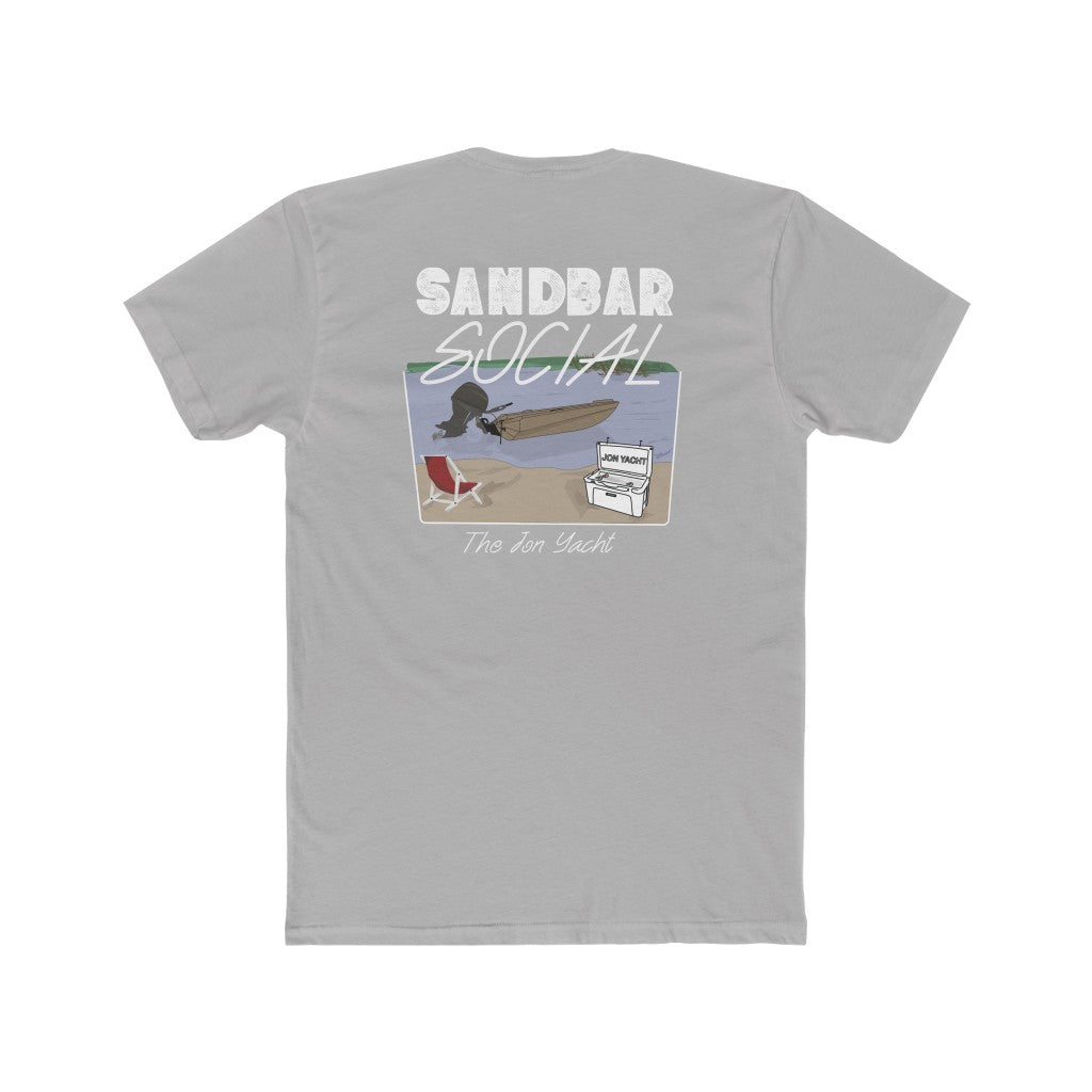 Light gray Sandbar Social t-shirt with a beach scene featuring a boat, cooler, and chair.