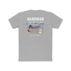 Light gray Sandbar Social t-shirt with a beach scene featuring a boat, cooler, and chair.