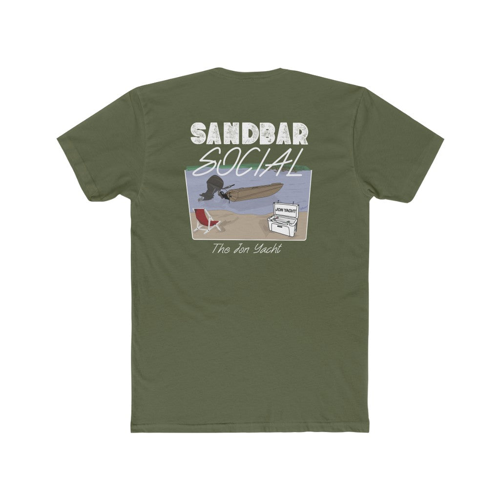 Olive green cotton t-shirt with "Sandbar Social" graphic featuring a boat, cooler, and beach chair.