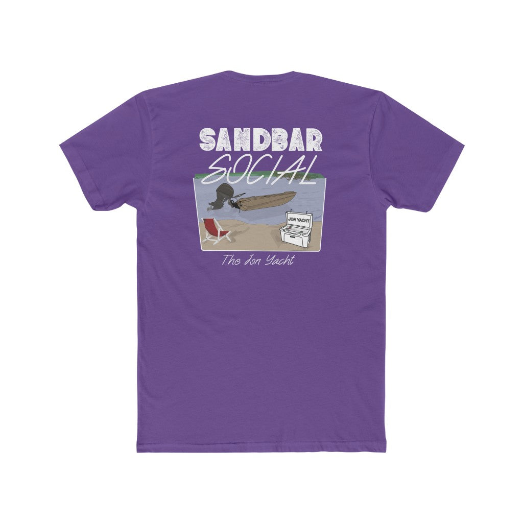 Purple "Sandbar Social" t-shirt with a boat, cooler, and chair graphic.