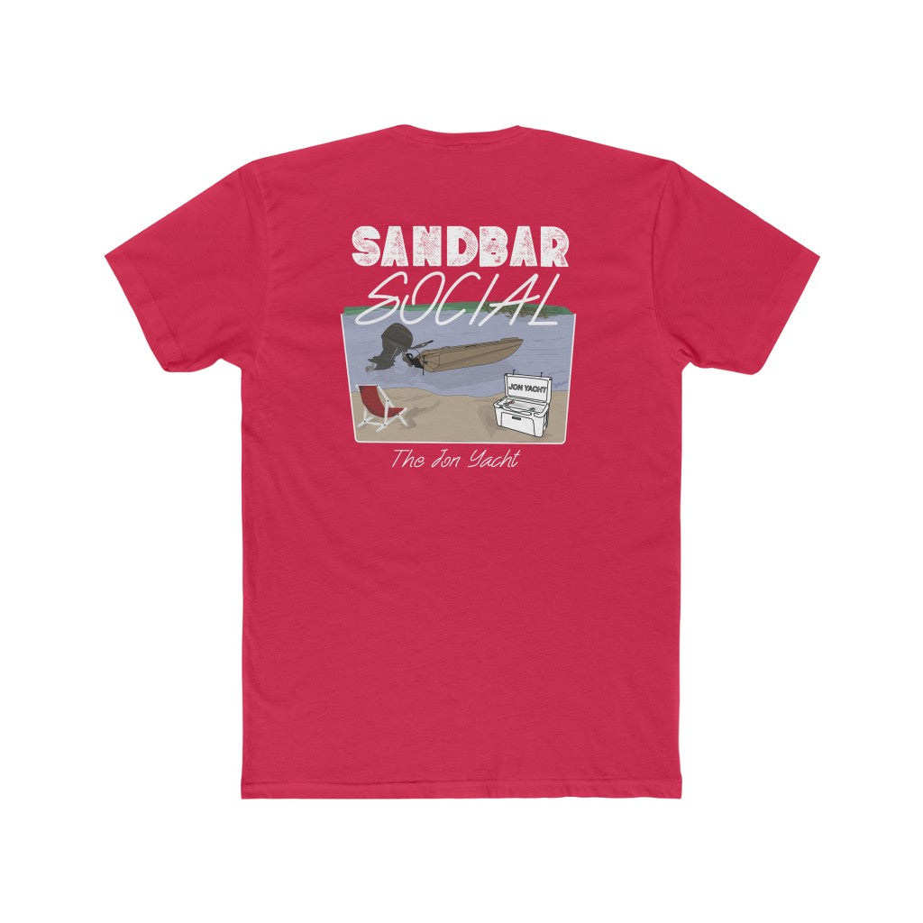 Red premium fitted cotton t-shirt with "Sandbar Social" graphic featuring a boat, cooler, and beach chair.