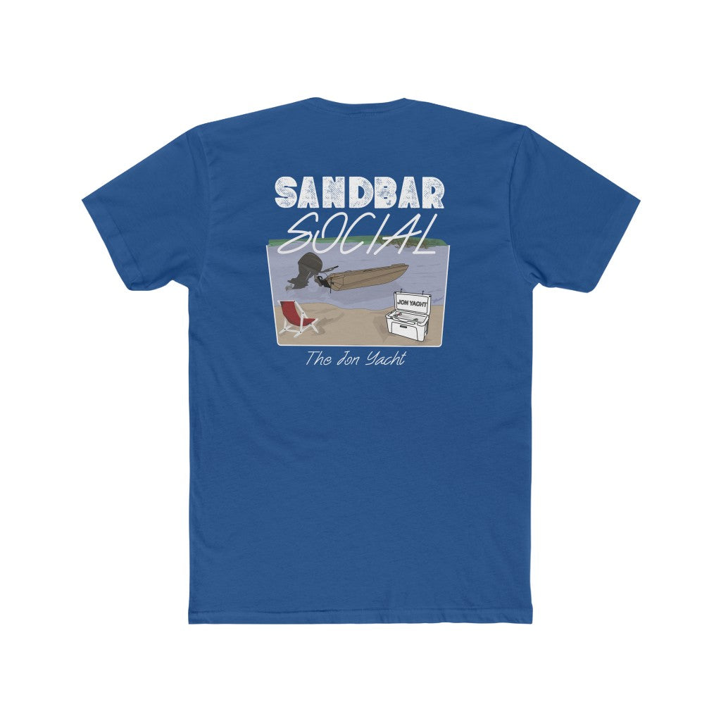 Blue cotton t-shirt with "Sandbar Social" graphic featuring a boat, cooler, and chair on a beach.