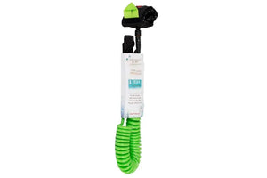 Sea Eagle 10' coiled SUP leash in bright green urethane with black ankle strap and Velcro closure.