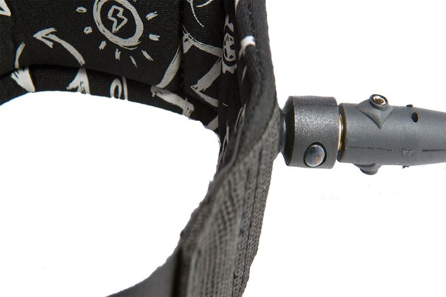 Close-up of a black and white patterned Sea Eagle 10' coiled SUP leash with a swivel attachment.