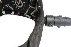 Close-up of a black and white patterned Sea Eagle 10' coiled SUP leash with a swivel attachment.
