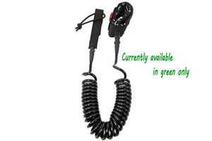 Black 10' coiled SUP leash made of recycled urethane with Velcro ankle and board attachments.