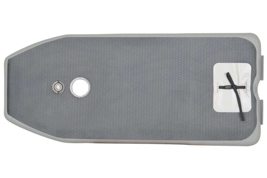 Gray Sea Eagle 10.6sr inflatable drop stitch floor with textured EVA foam pad, inflation valve, and white storage pouch.