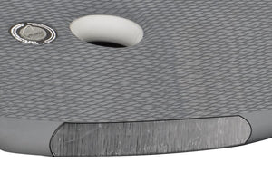 Close-up of a gray Sea Eagle 10.6sr inflatable drop stitch floor with textured EVA foam pad and inflation valve.