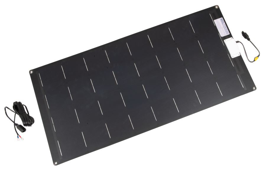 Sea Eagle 110 Watt semi-flexible black solar panel with charge controller and power cord.