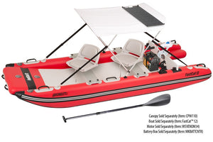 Sea Eagle 110 Watt Semi-Flexible Solar Panel mounted on a white canopy over a red FastCat 12 boat.