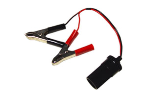 Sea Eagle 12V plug adapter with black female auxiliary plug, red and black alligator clips, and wires.
