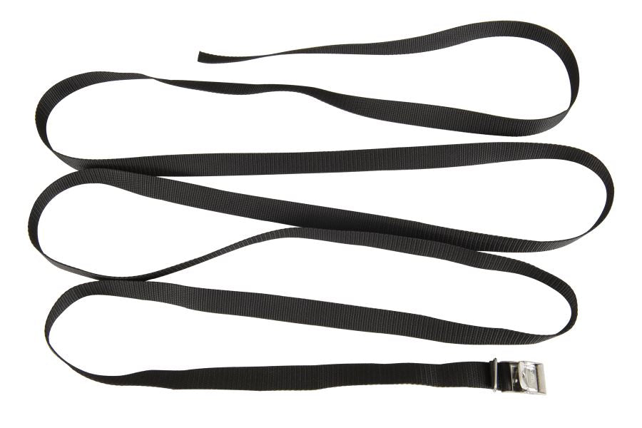 Black 13' nylon strap with a silver stainless steel buckle, coiled on a white background.