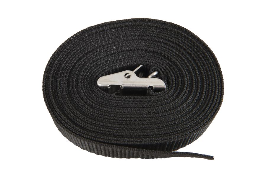 Coiled black 13' strap with a silver stainless steel buckle, for securing kayaks or SUPs.