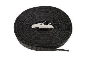 Coiled black 13' strap with a silver stainless steel buckle, for securing kayaks or SUPs.