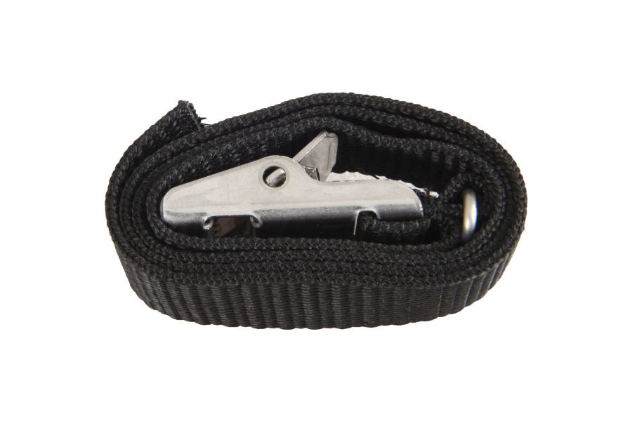 Rolled black 19" Sea Eagle strap with a silver stainless steel buckle.