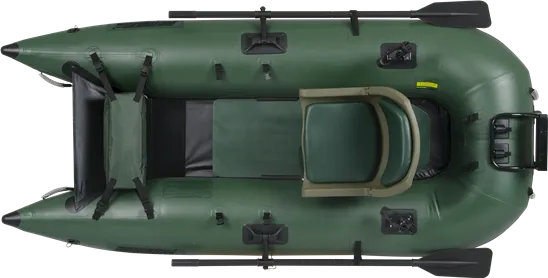 Hunter Green Sea Eagle 285 frameless inflatable pontoon fishing boat with oars and a dark green seat, top-down view.