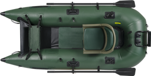 Hunter Green Sea Eagle 285 frameless inflatable pontoon fishing boat with oars and a dark green seat, top-down view.