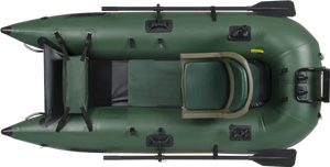 Hunter Green Sea Eagle 285 frameless inflatable pontoon fishing boat with oars and a dark green seat, top-down view.
