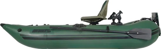 Hunter Green Sea Eagle 285 frameless inflatable pontoon fishing boat with an olive seat, oars, and rod holders.