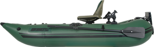 Hunter Green Sea Eagle 285 frameless inflatable pontoon fishing boat with an olive seat, oars, and rod holders.