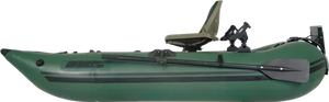 Hunter Green Sea Eagle 285 frameless inflatable pontoon fishing boat with an olive seat, oars, and rod holders.