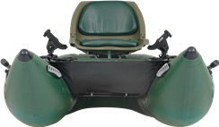 Hunter Green Sea Eagle 285 frameless inflatable pontoon fishing boat with a swivel seat and rod holders.