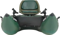 Hunter Green Sea Eagle 285 frameless inflatable pontoon fishing boat with a swivel seat and rod holders.