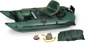 Hunter Green Sea Eagle 285 Frameless Pontoon Boat with swivel seat, paddle, pump, and carry bag.