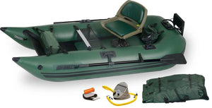 Hunter Green Sea Eagle 285 Frameless Pontoon Boat with swivel seat, paddle, pump, and carry bag.