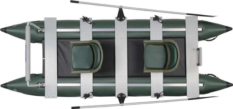 Dark Hunter Green Sea Eagle 375fc FoldCat inflatable fishing boat with two seats and oars.