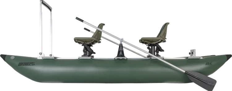 Dark Hunter Green Sea Eagle 375fc FoldCat inflatable fishing boat with two seats, oars, and a standing bar.