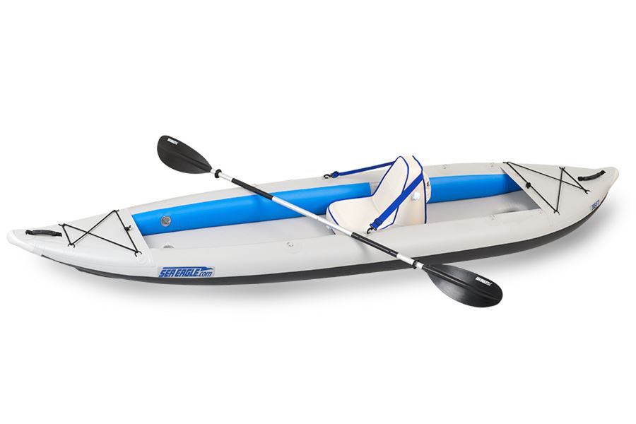 Gray and blue Sea Eagle 385ft inflatable kayak with a white seat and black paddle.