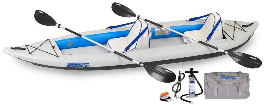 Gray and blue Sea Eagle 385ft FastTrack inflatable kayak with two seats, paddles, pump, and carry bag.