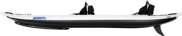 White and black Sea Eagle 385ft FastTrack inflatable kayak with two black seats and NeedleKnife Keel.