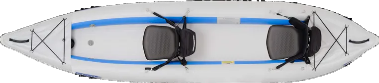 Top-down view of a white and blue Sea Eagle 385ft FastTrack inflatable kayak with two black seats.