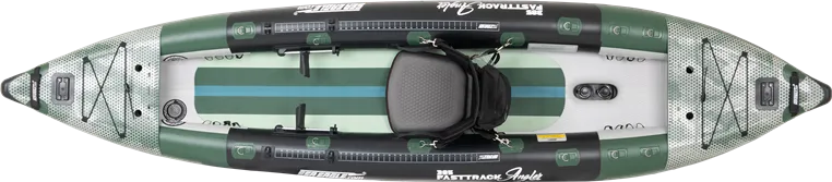 Overhead view of a green and white Sea Eagle 385fta FastTrack Angler inflatable kayak with a black seat.