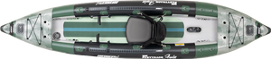 Overhead view of a green and white Sea Eagle 385fta FastTrack Angler inflatable kayak with a black seat.